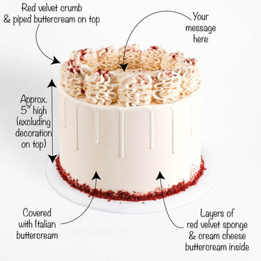 Red Velvet Cake with labels showing the red velvet sponge, cream cheese buttercream filling and 5 inch height