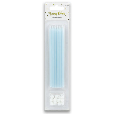 Pack of pale blue cake candles with white holders