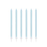 Six pale blue taper cake candles with clear holders