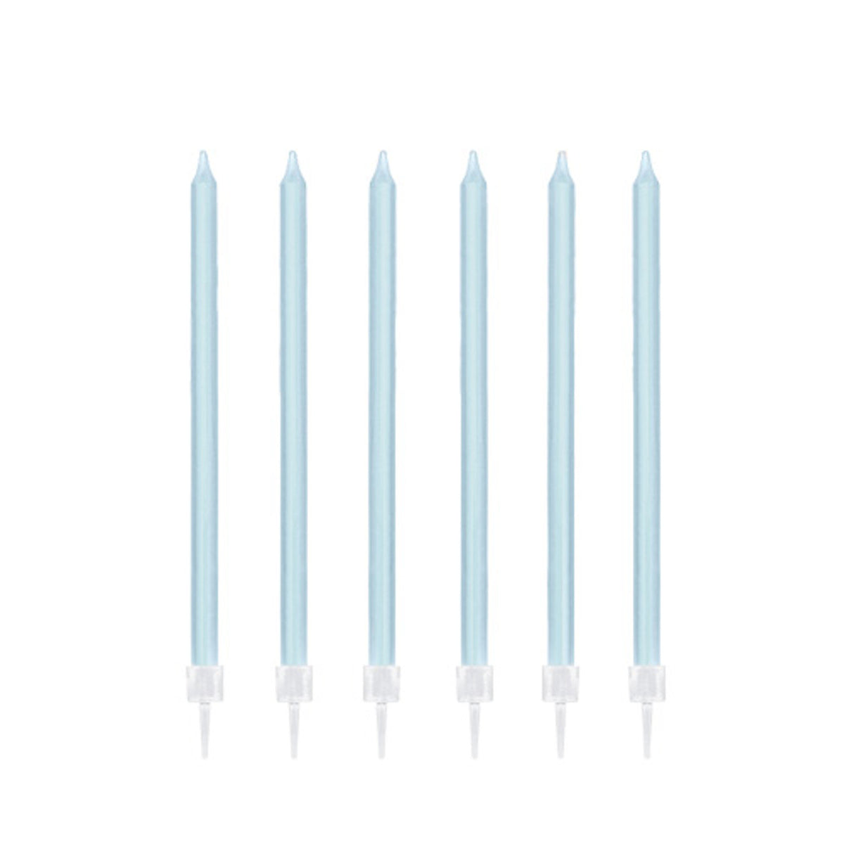 Six pale blue taper cake candles with clear holders
