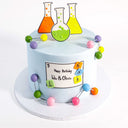 Free From Science Cake with fondant flasks, molecule models and a birthday plaque