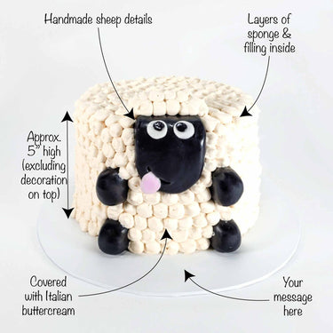 Free From Fluffy Sheep Cake with labels showing the buttercream wool, fondant details and message space