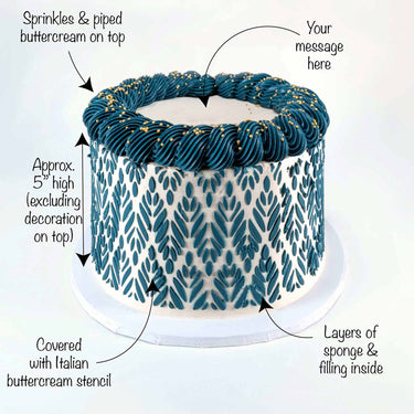 Free From Stencil Cake with labels showing the teal border, gold sprinkles, stencilled sides and message space
