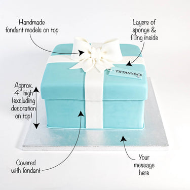Square Tiffany & Co Box Cake in blue fondant with a white bow and gift tag