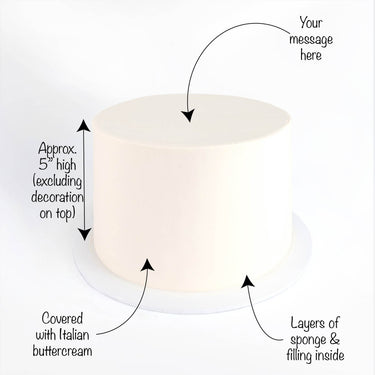 Undecorated Cake with labels showing the smooth buttercream, sponge layers and 5 inch height