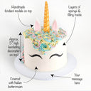 Unicorn Cake with labels showing the gold horn, fondant ears and eyelashes and rainbow buttercream mane