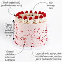Raspberry White Chocolate Cake with labels showing the vanilla sponge, raspberry layers and toppings