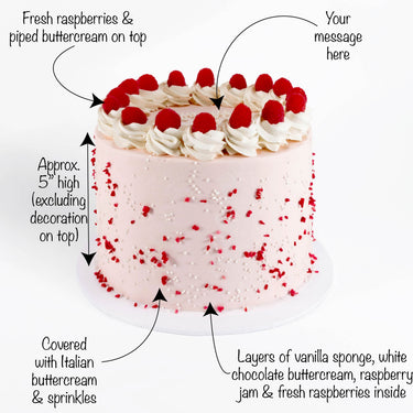 Raspberry White Chocolate Cake with labels showing the vanilla sponge, raspberry layers and toppings