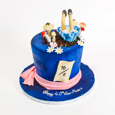Mad Hatter hat Alice in Wonderland Cake with fondant legs, mushrooms, daisies and a 40th message