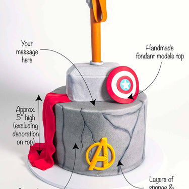 Marvel Avengers Cake with labels showing the fondant logo, hammer, shield and message space