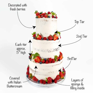 Three tier Fresh Berry Wedding Cake with semi naked buttercream, fresh berries and rosettes