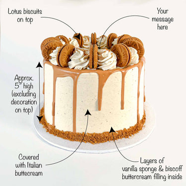 Lotus Biscoff Cake with labels showing the sponge layers, caramel drip, toppings and message space