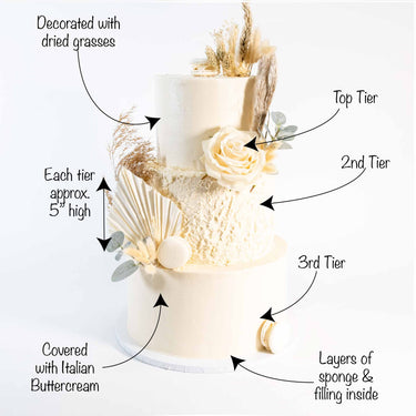 Three tier Boho Wedding Cake with dried grasses, palm leaves, silk flowers and macarons