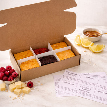 Sample Taster Box with six mini cakes, including lemon, red velvet, chocolate, Victoria sponge and salted caramel