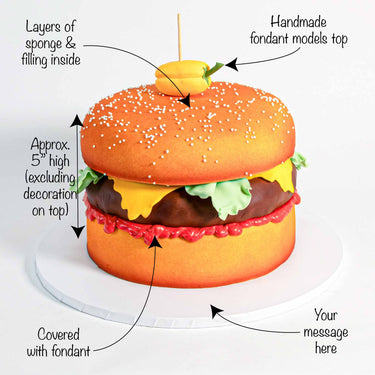 Cheeseburger Cake on a white cake board, with fondant burger fillings and a fondant pepper on top