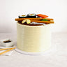 Free From Sushi Cake made to look like a sushi platter, with fondant sushi, chopsticks and soy sauce