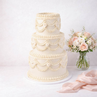 Three tier Frilly Wedding Cake with piped swags, next to a vase of roses