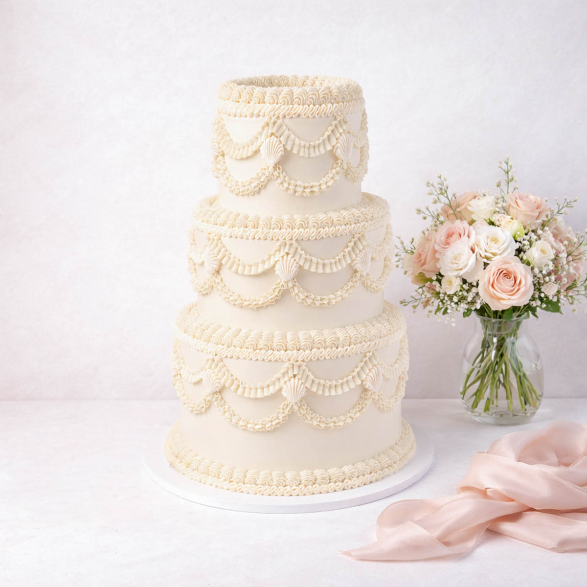Three tier Frilly Wedding Cake with piped swags, next to a vase of roses