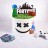 Fortnite Cake with green piped grass, a fondant tree, Fortnite logo, Marshmello face, llama and treasure chest