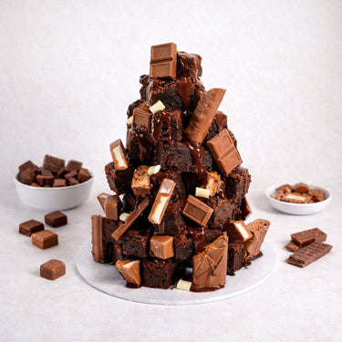 Brownie Tower of stacked brownies with melted chocolate drizzle and chocolate pieces