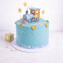 Free From Train Cake with light blue buttercream, sugar buttons and a sugar steam train on top