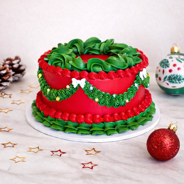 Frilly Christmas Cake with red and green buttercream in a wreath design