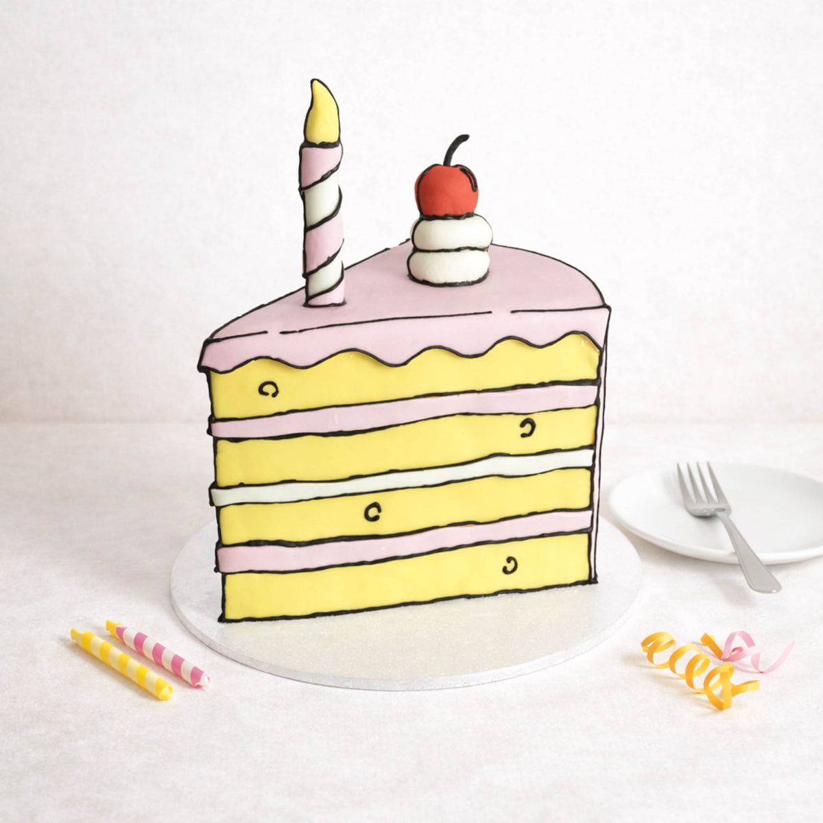Cartoon Cake with a slice cut out, showing yellow sponge, pink and white icing, a striped candle and a cherry