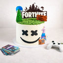 Free From Fortnite Cake with a Marshmello face, logo, fondant llama, tree and treasure chest