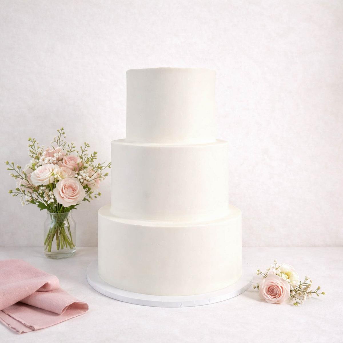 Three tier Smooth Wedding Cake in white icing, with pink and ivory roses