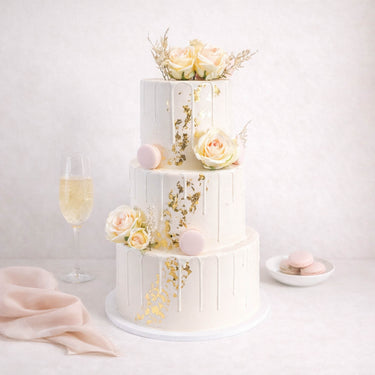 Gold Leaf Wedding Cake with white chocolate drip, blush roses, gold leaf and macarons, with champagne