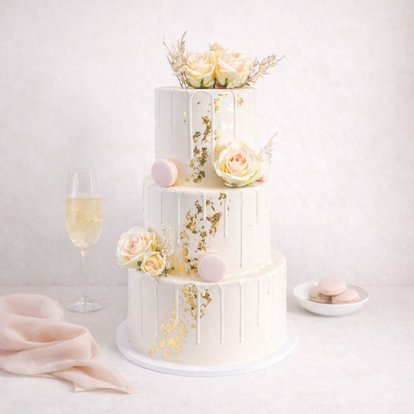 Gold Leaf Wedding Cake with white chocolate drip, adorned with blush roses, gold accents, and macarons, accompanied by champagne and macarons on a table.