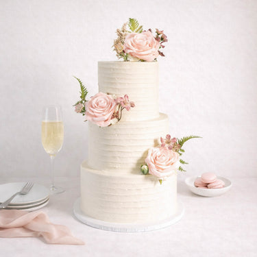Rustic Wedding Cake with white buttercream, pink roses and greenery, on a table with champagne and macarons