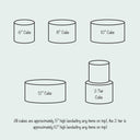 Cake size guide showing 6, 8, 10 and 12 inch round cakes about 5 inches tall, and a two tier cake about 10 inches tall