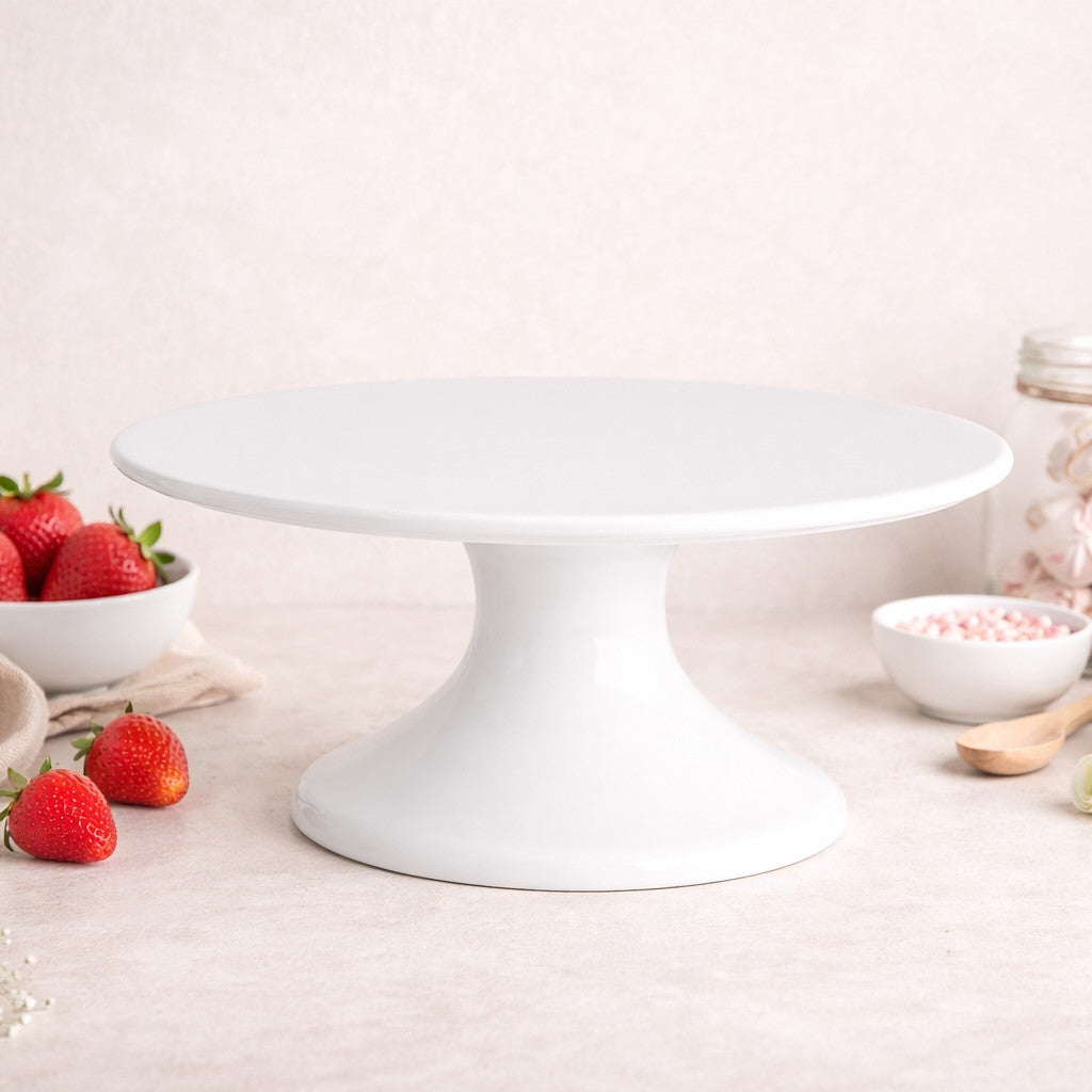 White ceramic cake stand with a cake, strawberries and sweets