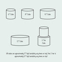 Cake size guide showing 6, 8, 10 and 12 inch round cakes about 5 inches tall, and a two tier cake about 10 inches tall