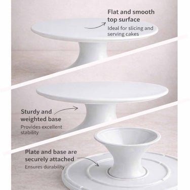 White ceramic cake stand with a weighted base, for cakes up to 10 inches