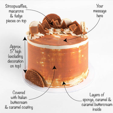 Salted Caramel Cake with labels showing the caramel buttercream, toppings and space for a piped message
