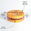 Cheese Cake with labels showing the sponge layers, fondant Camembert box and message option