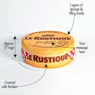 Cheese Cake with labels showing the sponge layers, fondant Camembert box and message option