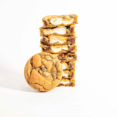 Stack of S'mores Cookies with marshmallow and Belgian chocolate chips