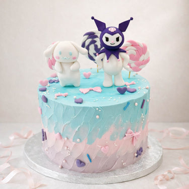 Pastel cake with cute sugar characters and a lollipop