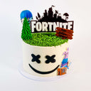 Fortnite Cake with a Marshmello face, green grass, logo, tree, birthday sign, llama and treasure chest