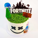 Fortnite Cake with a grassy hill, fondant tree, logo, birthday sign, Battle Bus and Marshmello face