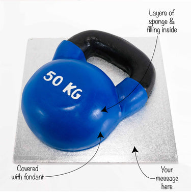 Gym Cake kettlebell with labels showing the fondant finish, sponge layers and message space