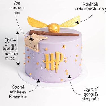 Harry Potter Cake with lavender buttercream, a gold logo, fondant scroll for a message, snitch and broomstick