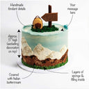 Hiking Cake with labels showing the buttercream mountains, rucksack, signpost and message space