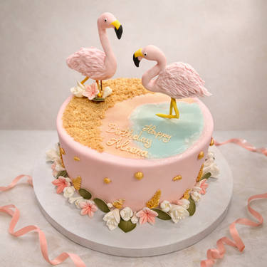 Pink flamingo birthday cake with sugar flamingos on a beach