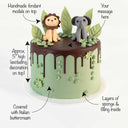 Jungle Cake with labels showing the sage green buttercream, fondant animals and space for a piped message
