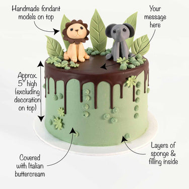 Jungle Cake with labels showing the sage green buttercream, fondant animals and space for a piped message