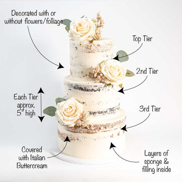 Three tier Naked Wedding Cake with buttercream and ivory roses